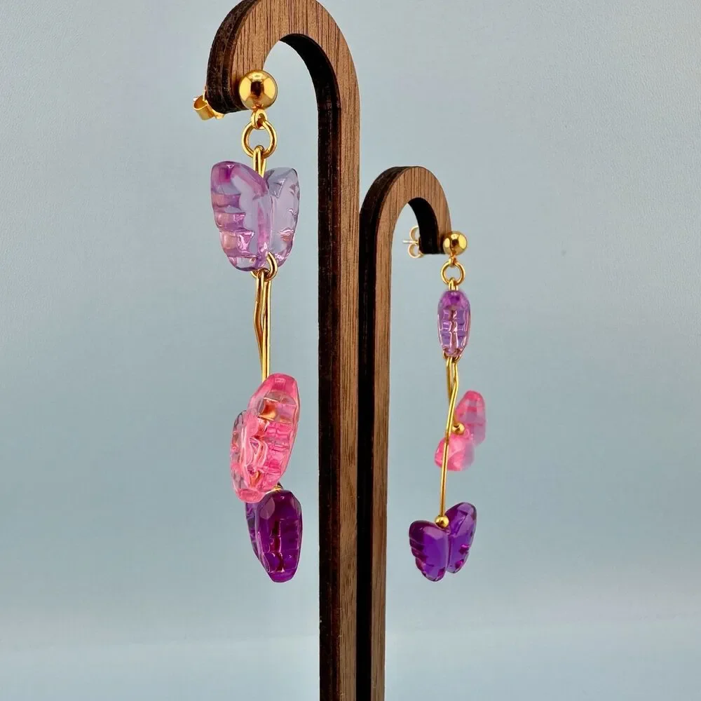 Vintage Butterfly Dangle Earrings Pink Purple Lucite Gold Tone Pierced Signed